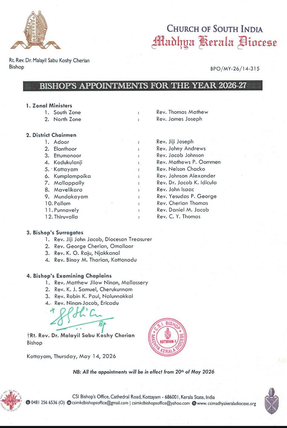 Bishops Appointments for the year 2026-'27