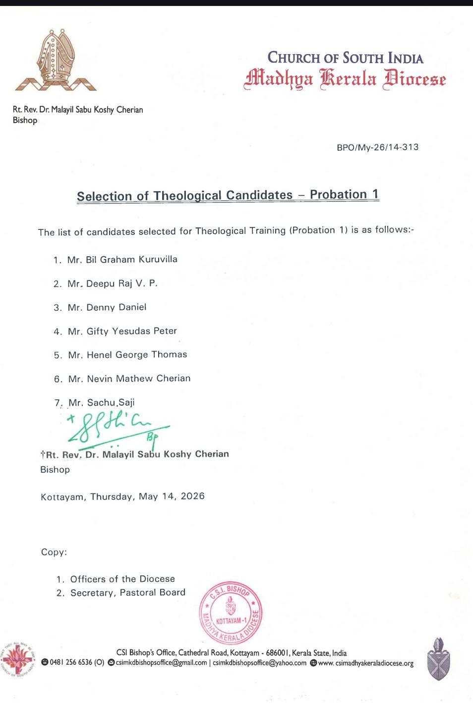 Seven New Candidates Selected for Theological Studies in the CSI Madhya Keralam Diocese
